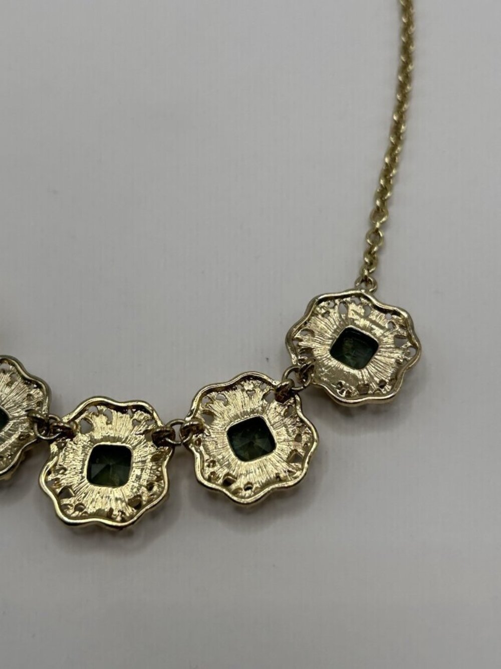 Marlyn Schiff Gold Tone Necklace Green Charcoal Rhinestones Statement Jewelry - Picture 12 of 16